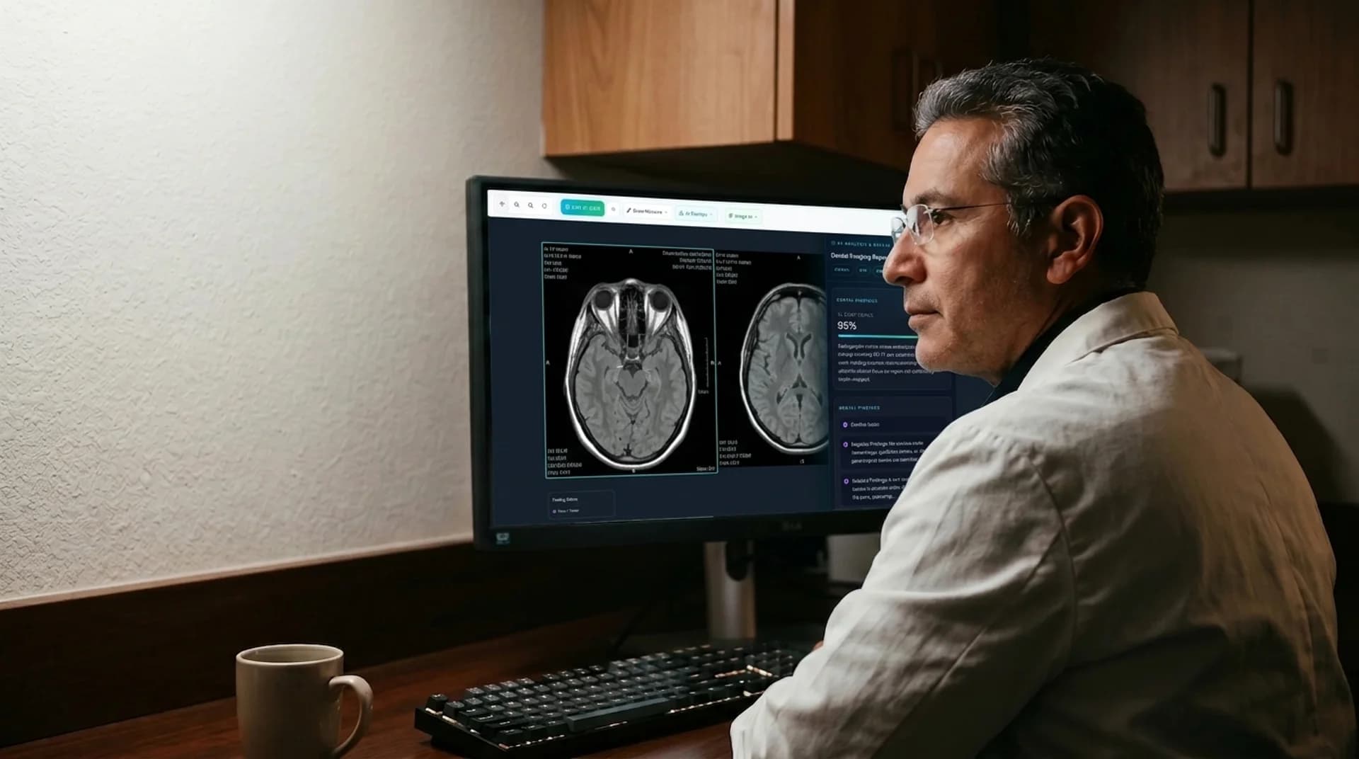 A doctor reviewing a brain MRI on screen with The Clinic's AI analysis panel showing 95% confidence and structured findings