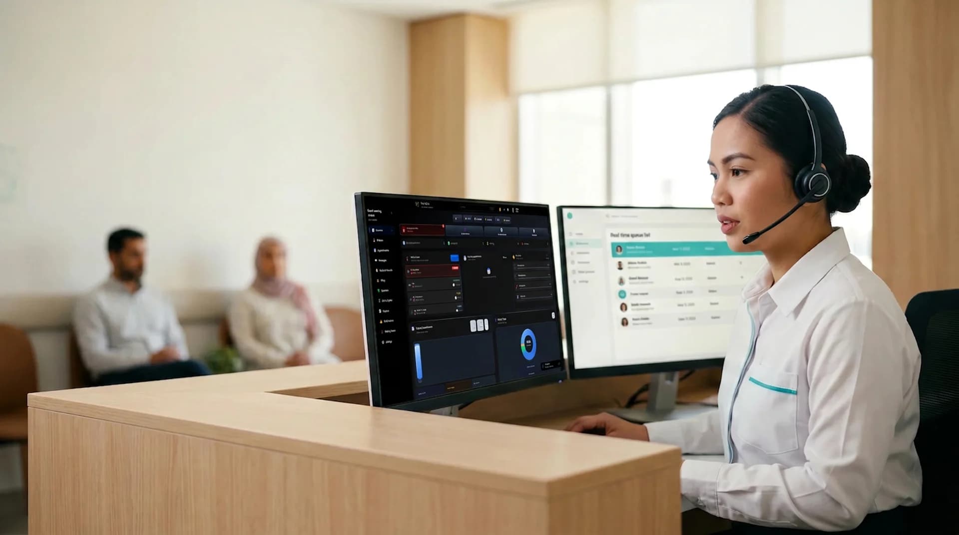 A receptionist at a clinic front desk with The Clinic's dark dashboard on the monitor — waiting room, daily goals and patient distribution