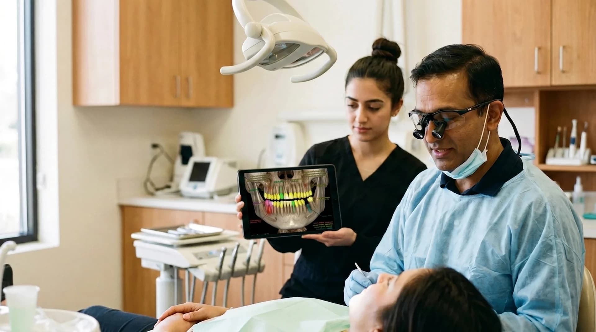 A dentist with a tablet displaying The Clinic's 3D dental diagnostic with color-coded teeth annotations next to a patient in the chair