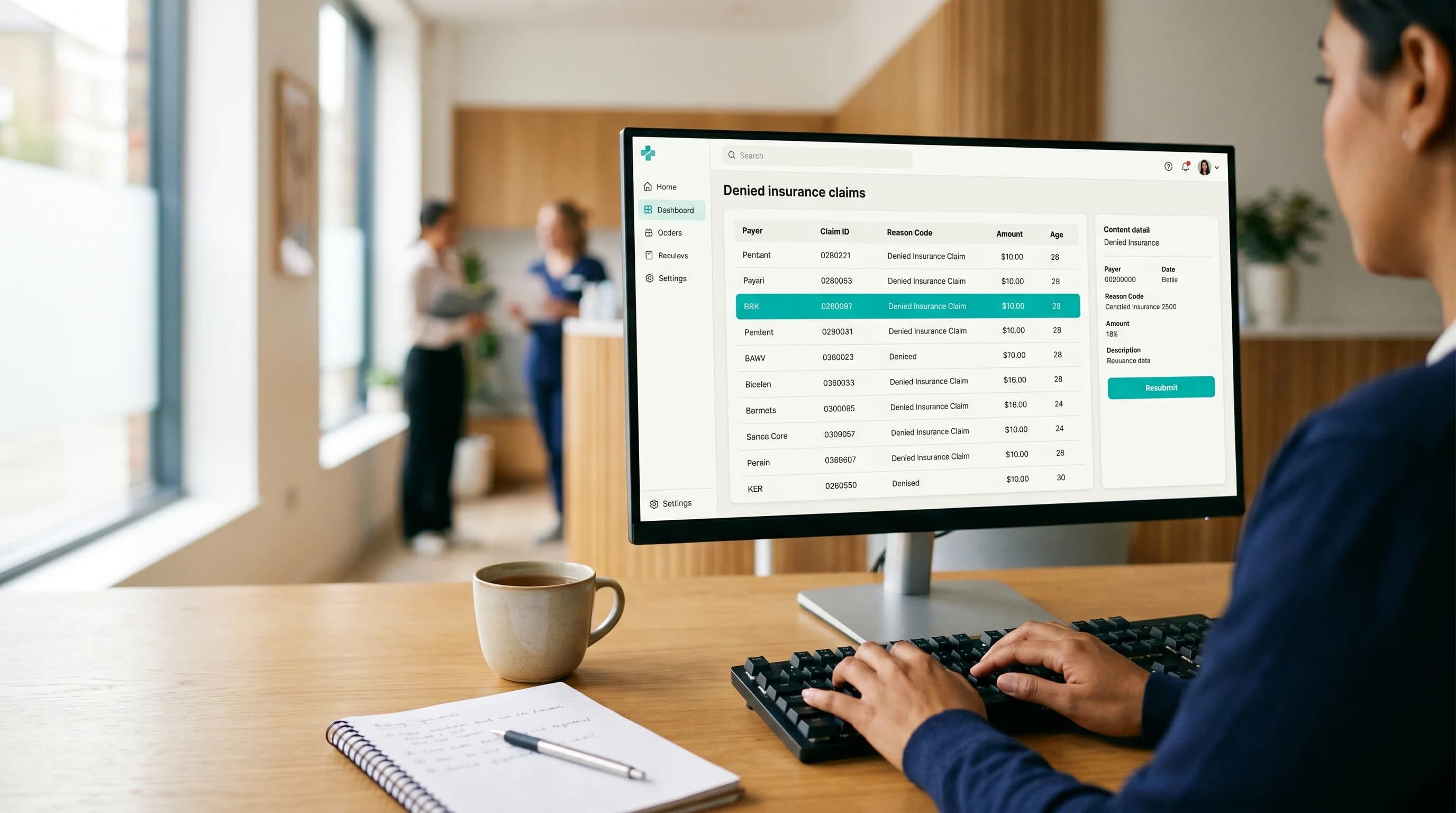 A denial worklist with suggested fixes on screen