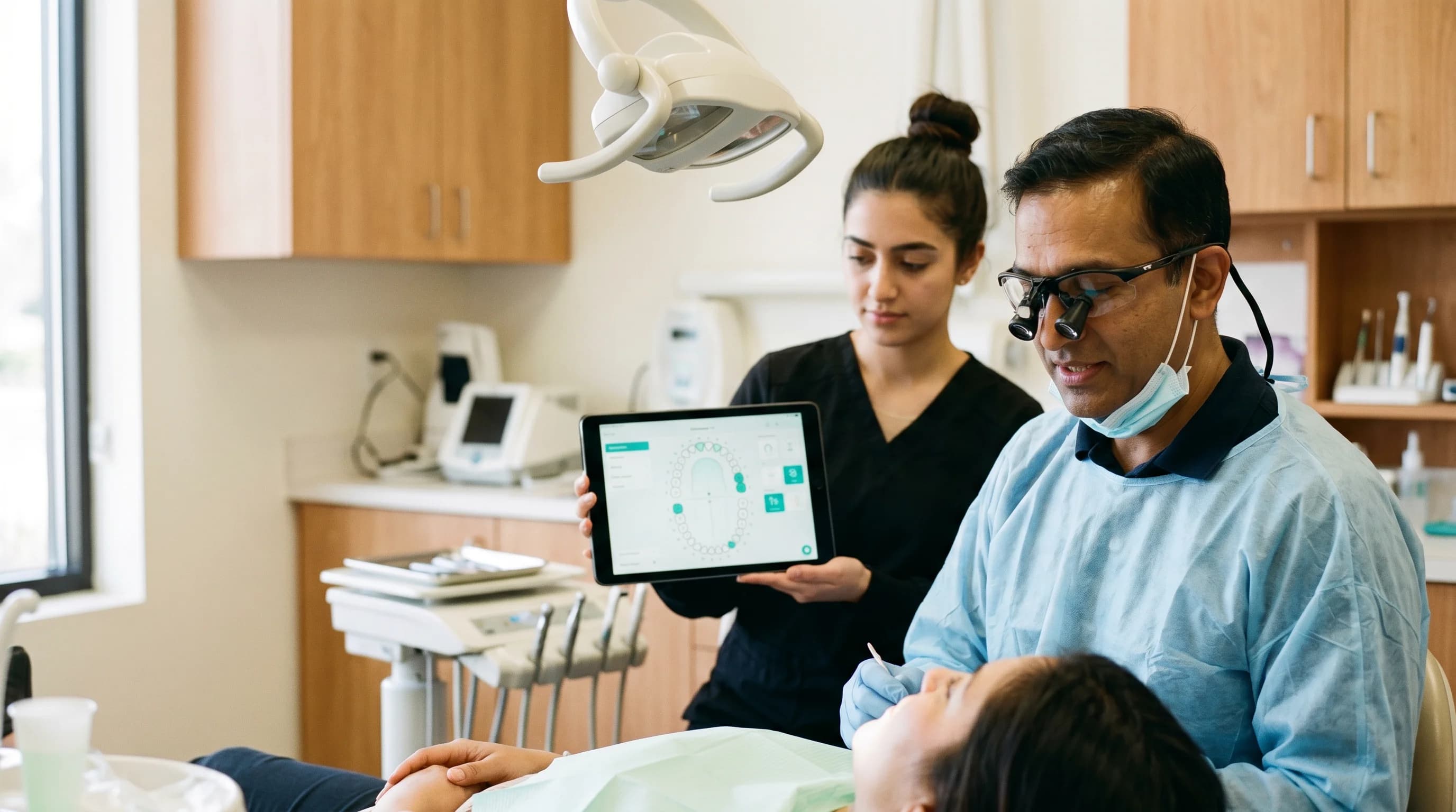 Dentist reviewing a digital chart chairside