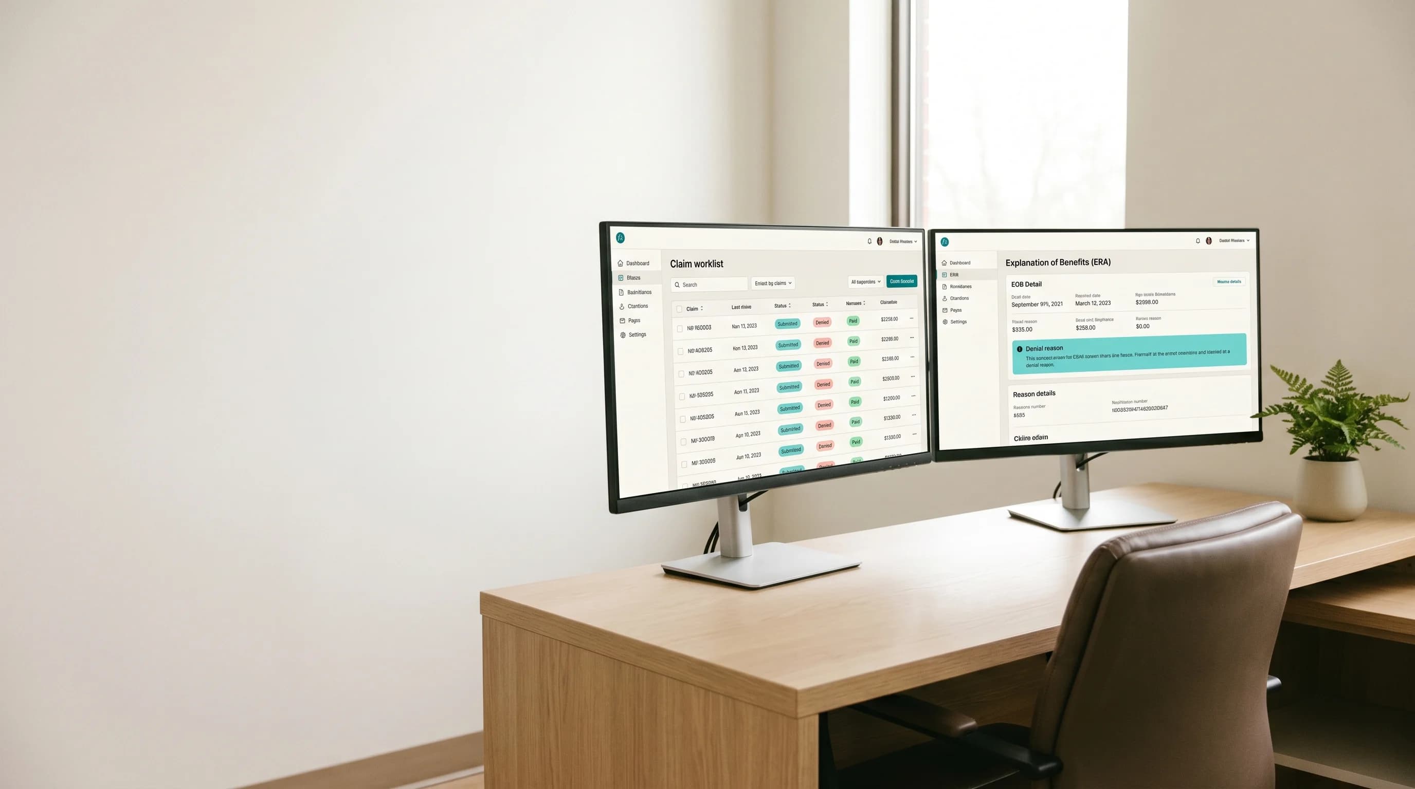 A dual-monitor desk setup showing a billing and insurance claim workflow
