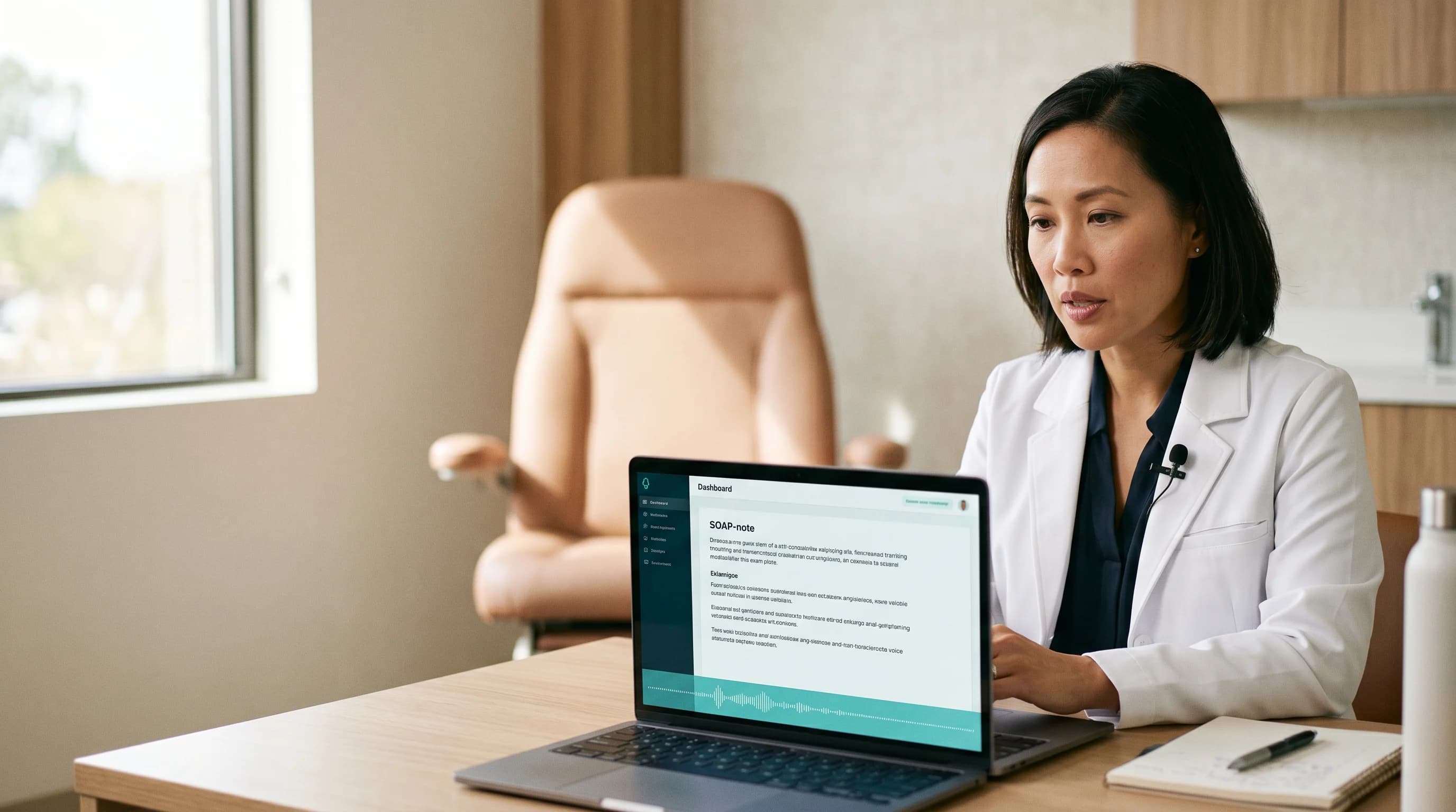 A physician finishing a patient visit while a tablet shows a SOAP draft ready to review