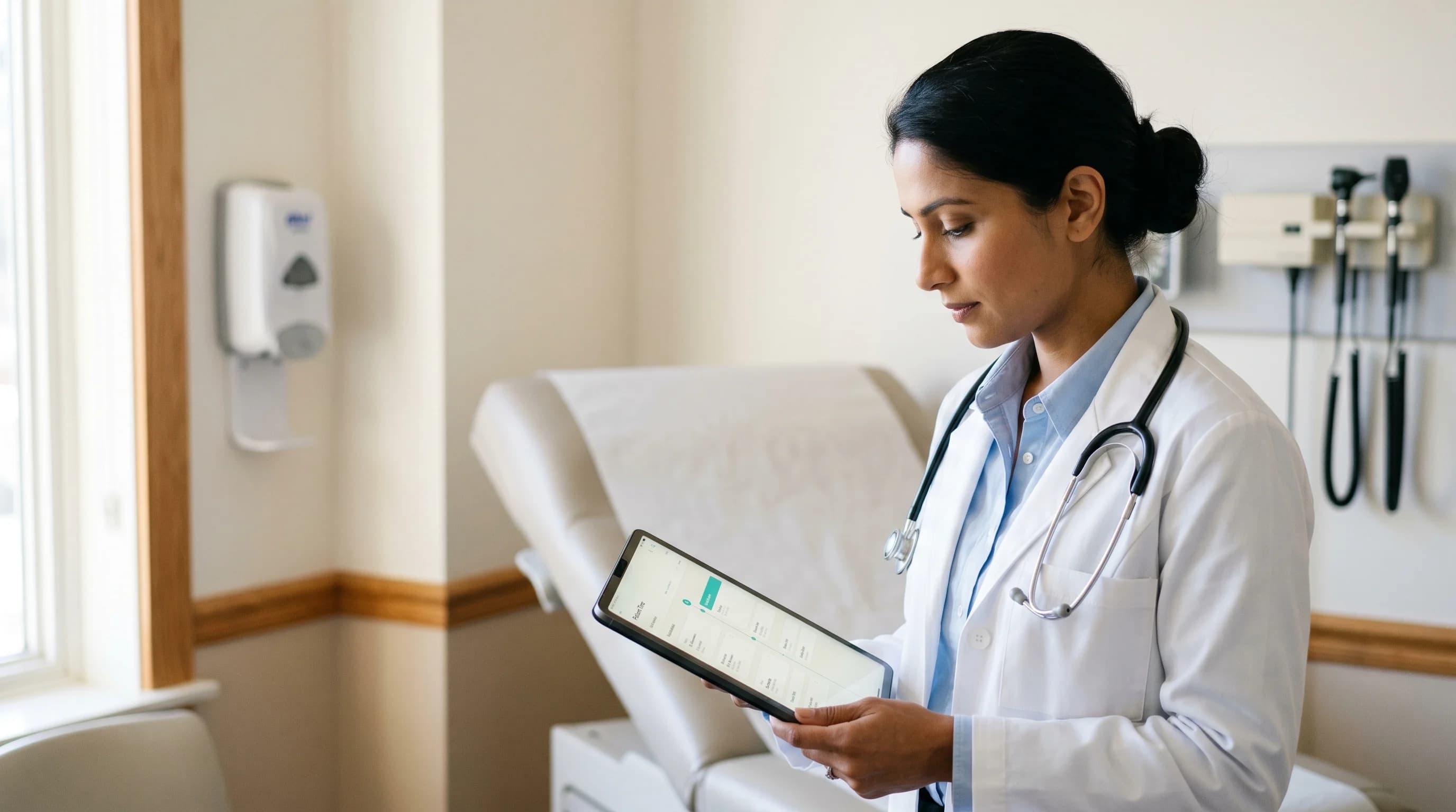 A physician reviewing a patient timeline in a bright exam room
