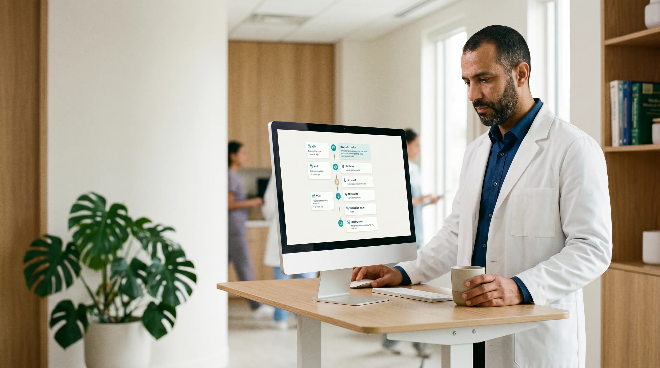 A doctor reviewing a patient timeline on a tablet in a quiet exam room