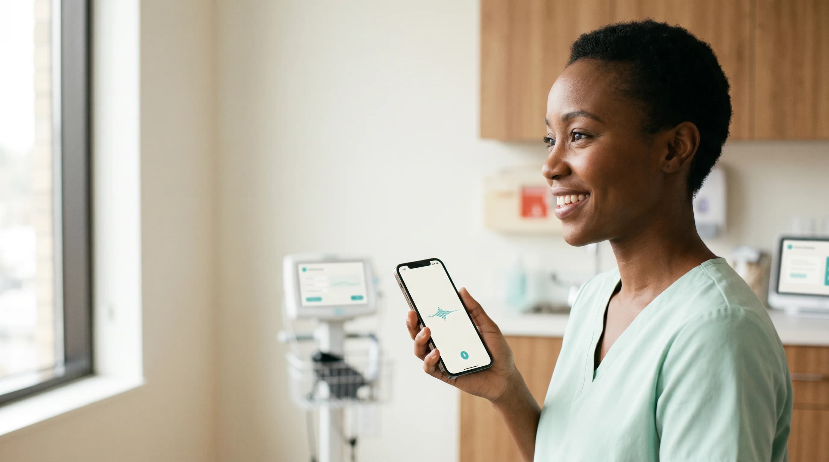 A clinician reviewing AI-suggested findings on a tablet beside a patient