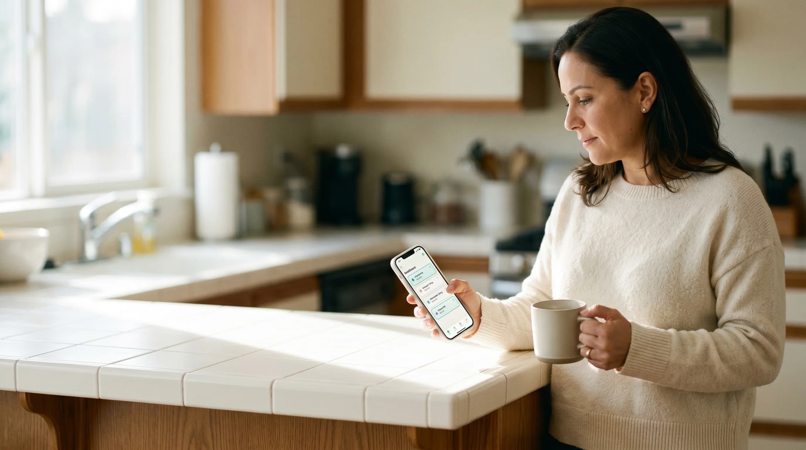 A patient reading a clinic reminder on their phone over morning coffee