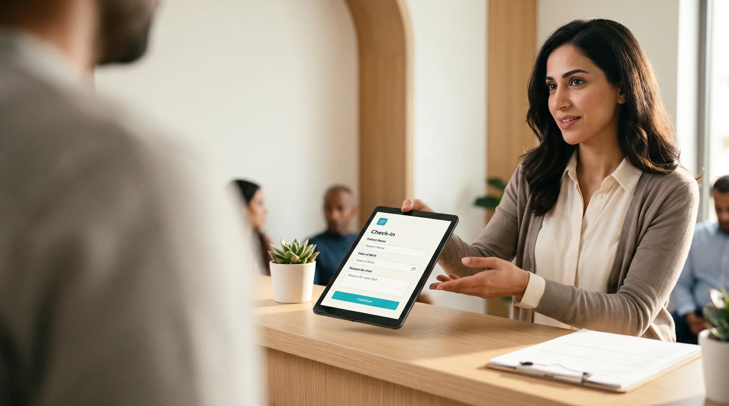 A receptionist calmly reviewing a clean calendar