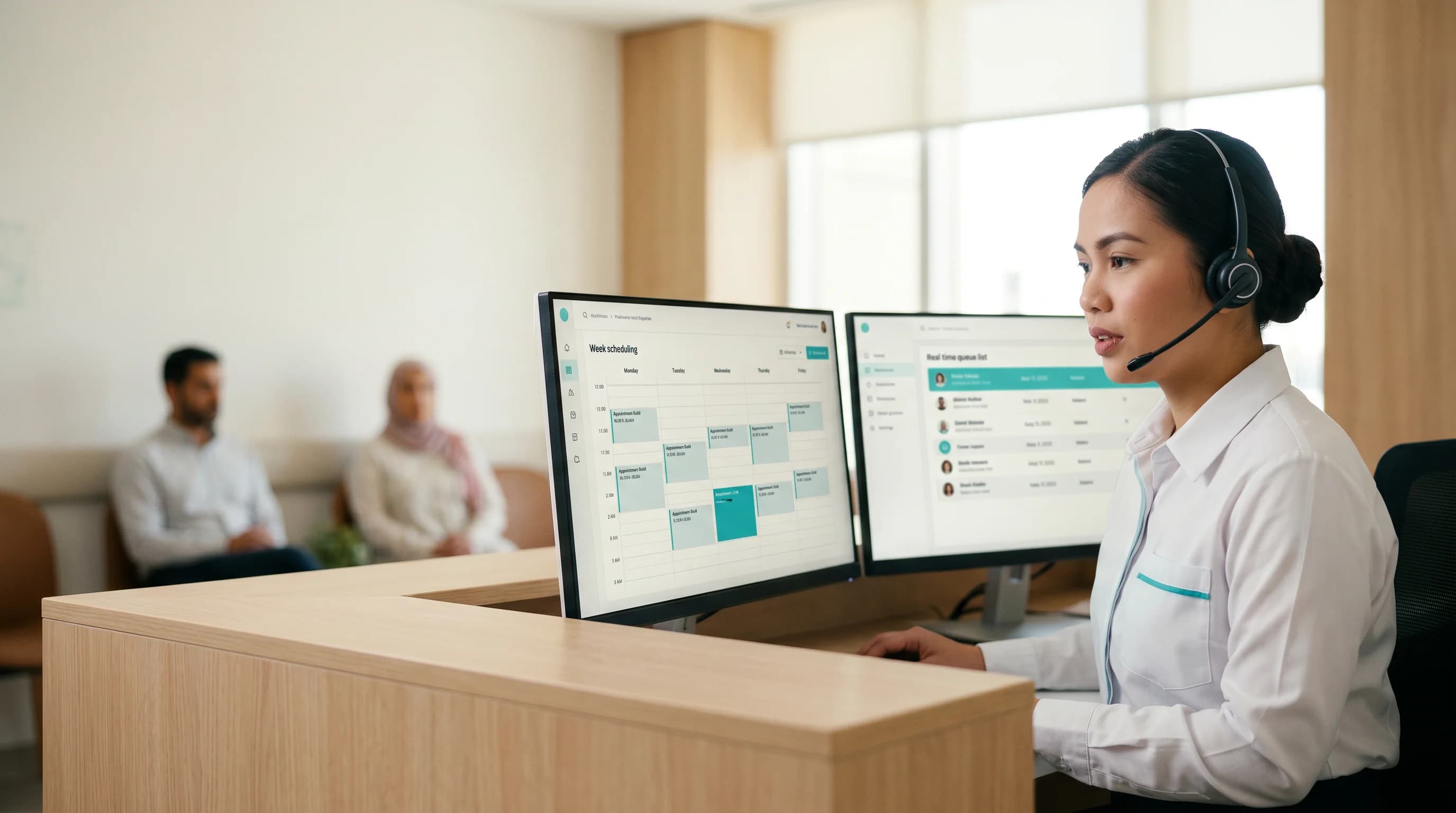 A calm reception desk with a clean calendar on screen