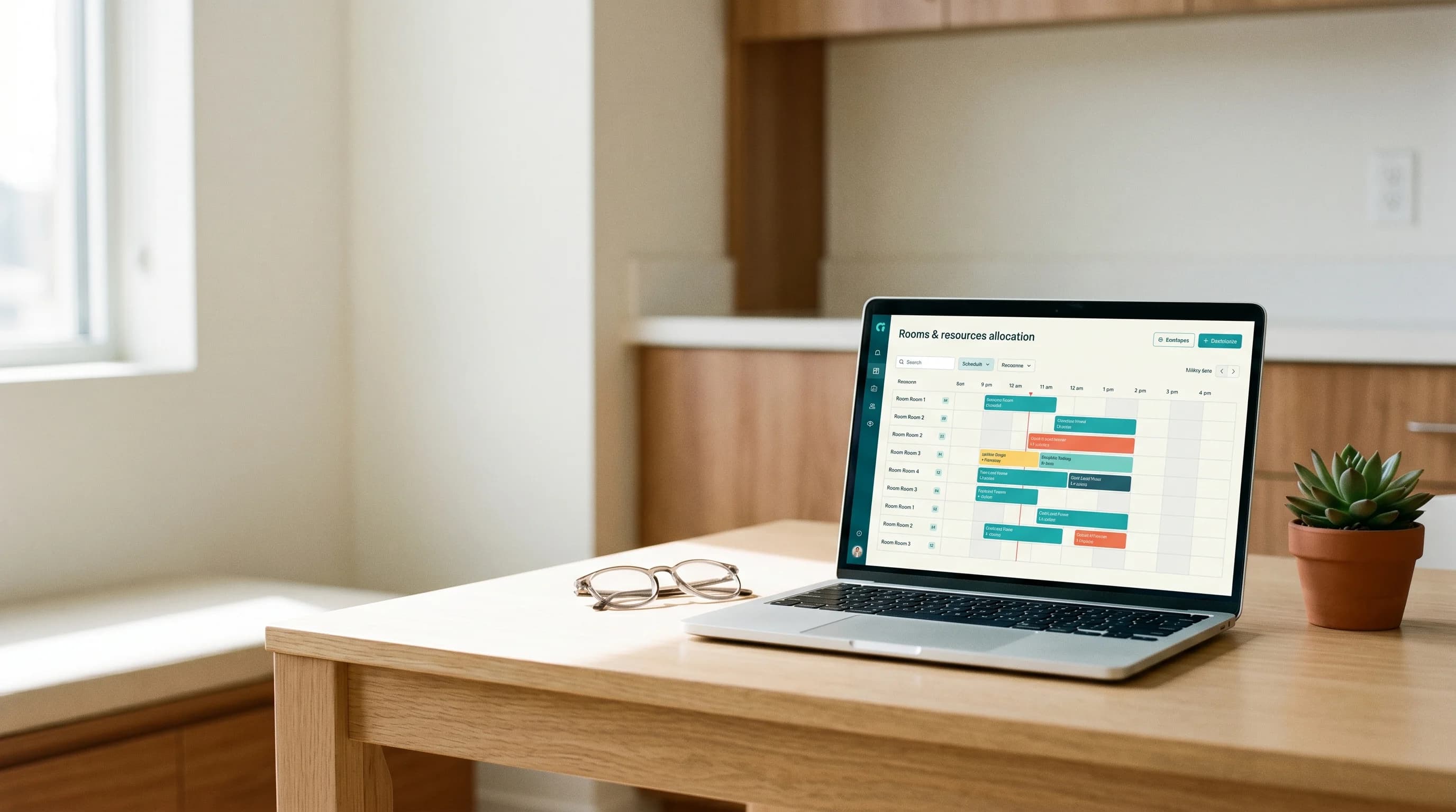 A room and resource planner with color-coded blocks